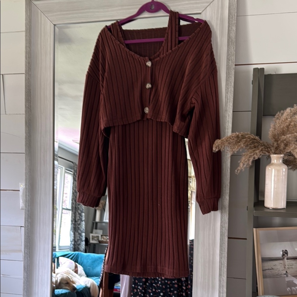 Brown Ribbed Off-Shoulder Dress